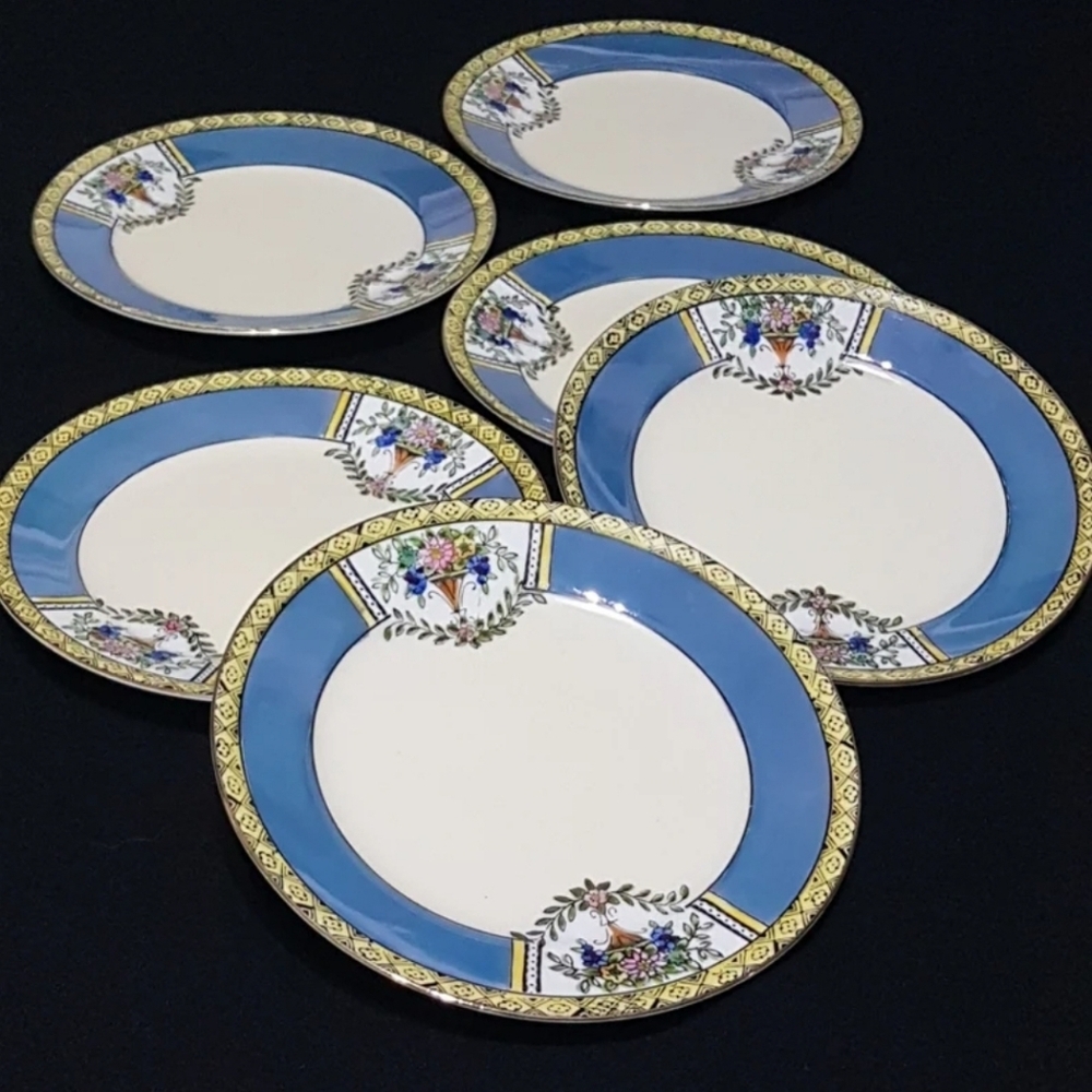 Antique Noritake Dessert Plates: Hand Painted Floral Urn, Set of 6, 1920s